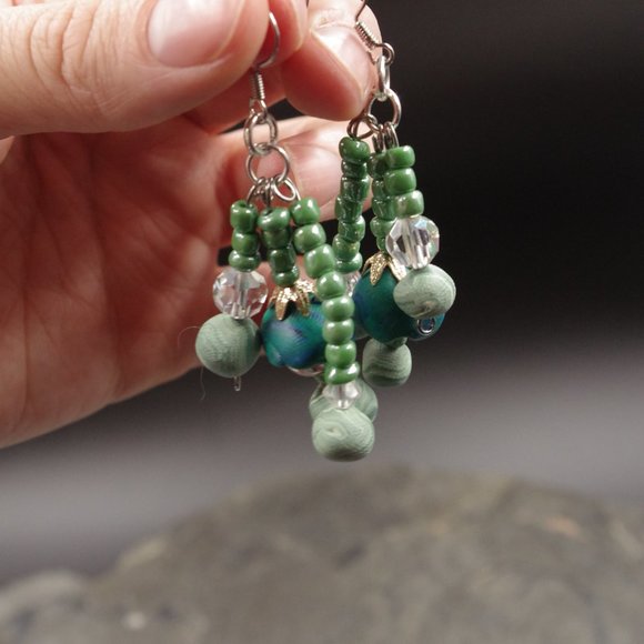 Dangling Cluster Ocean Beaded Earrings with Handmade Beads and Pearls - OOAK - Picture 8 of 10
